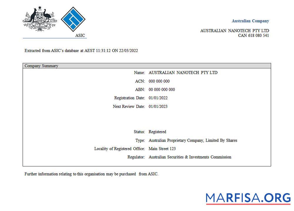 Realistic Aust (ASIC) Certificate of Company Registration 2 example